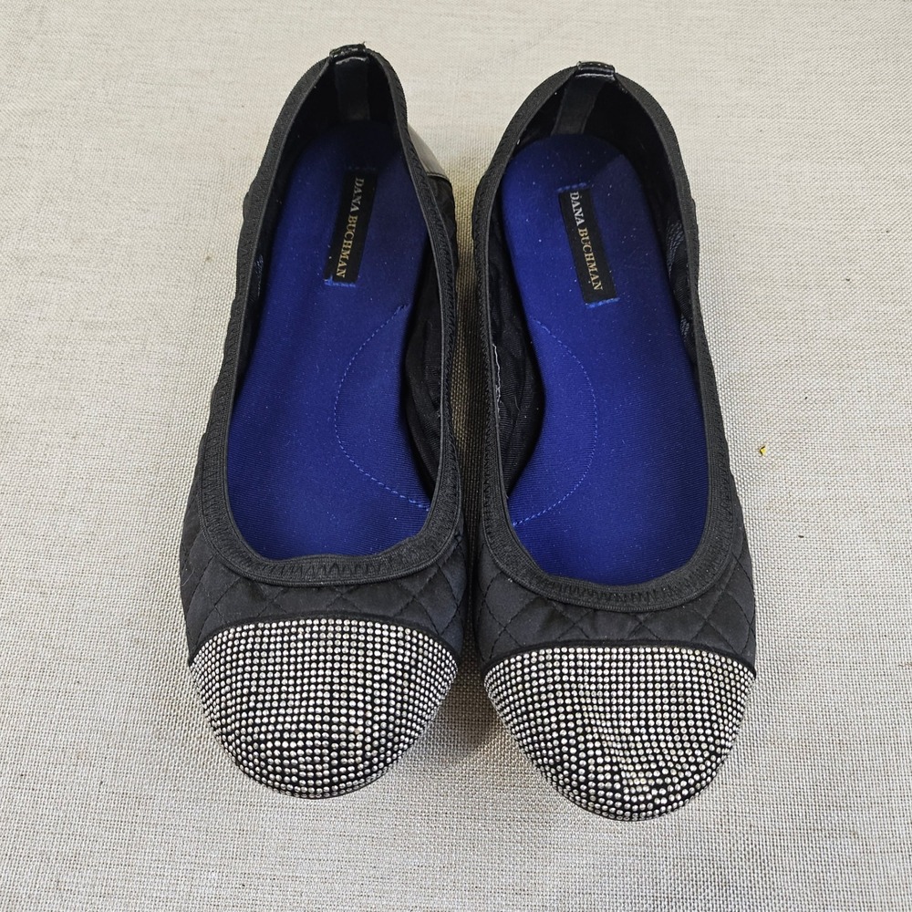 Dana Buchman Black Quilted Ballet Flats Rhinestone Cap Toe Slip On Shoes women 8